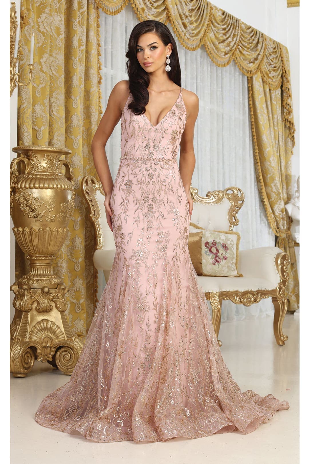 Royal Queen RQ8017 V-upper Back Sheer Sides Glitter Prom Gown