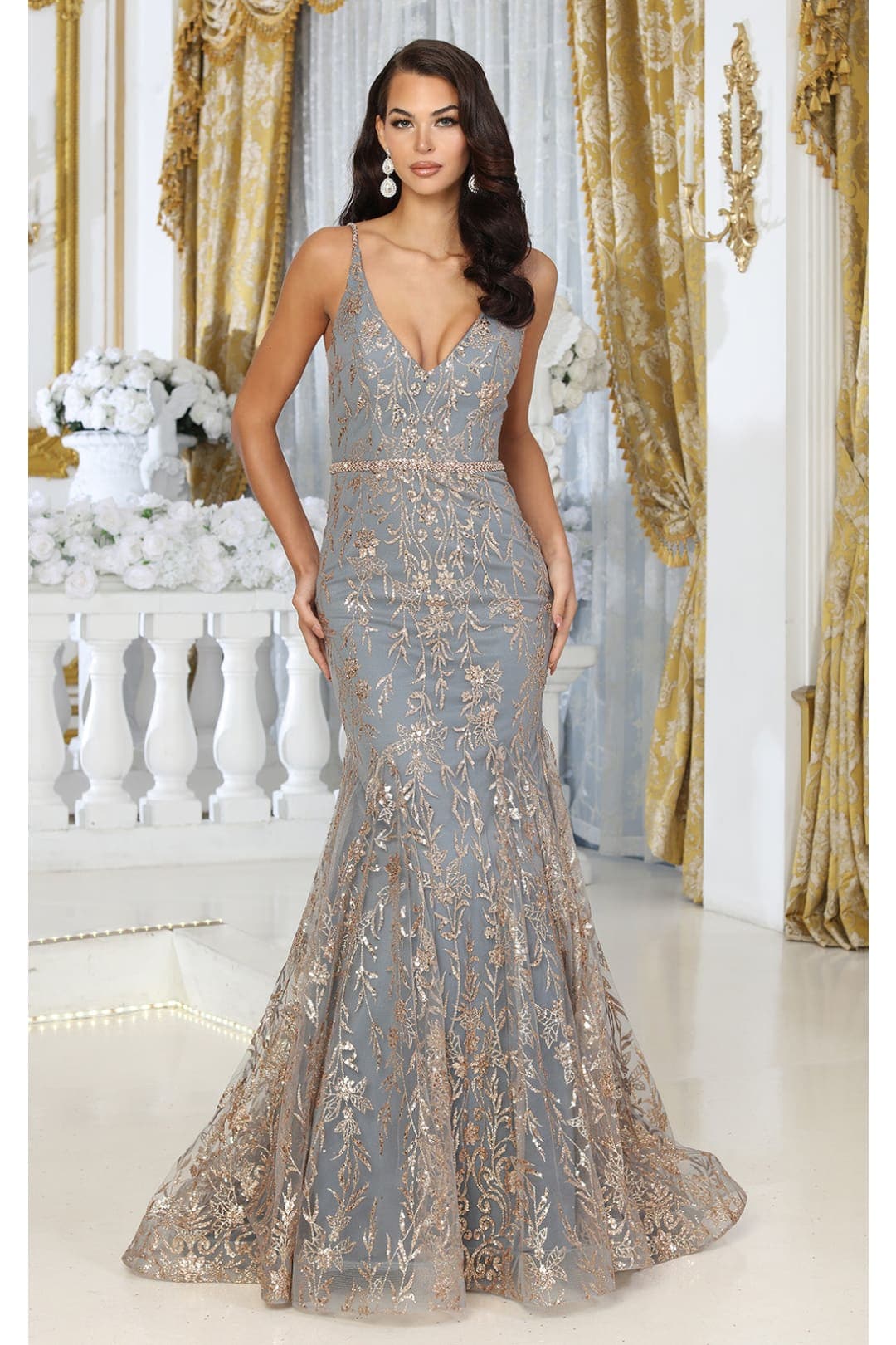 Royal Queen RQ8017 V-upper Back Sheer Sides Glitter Prom Gown
