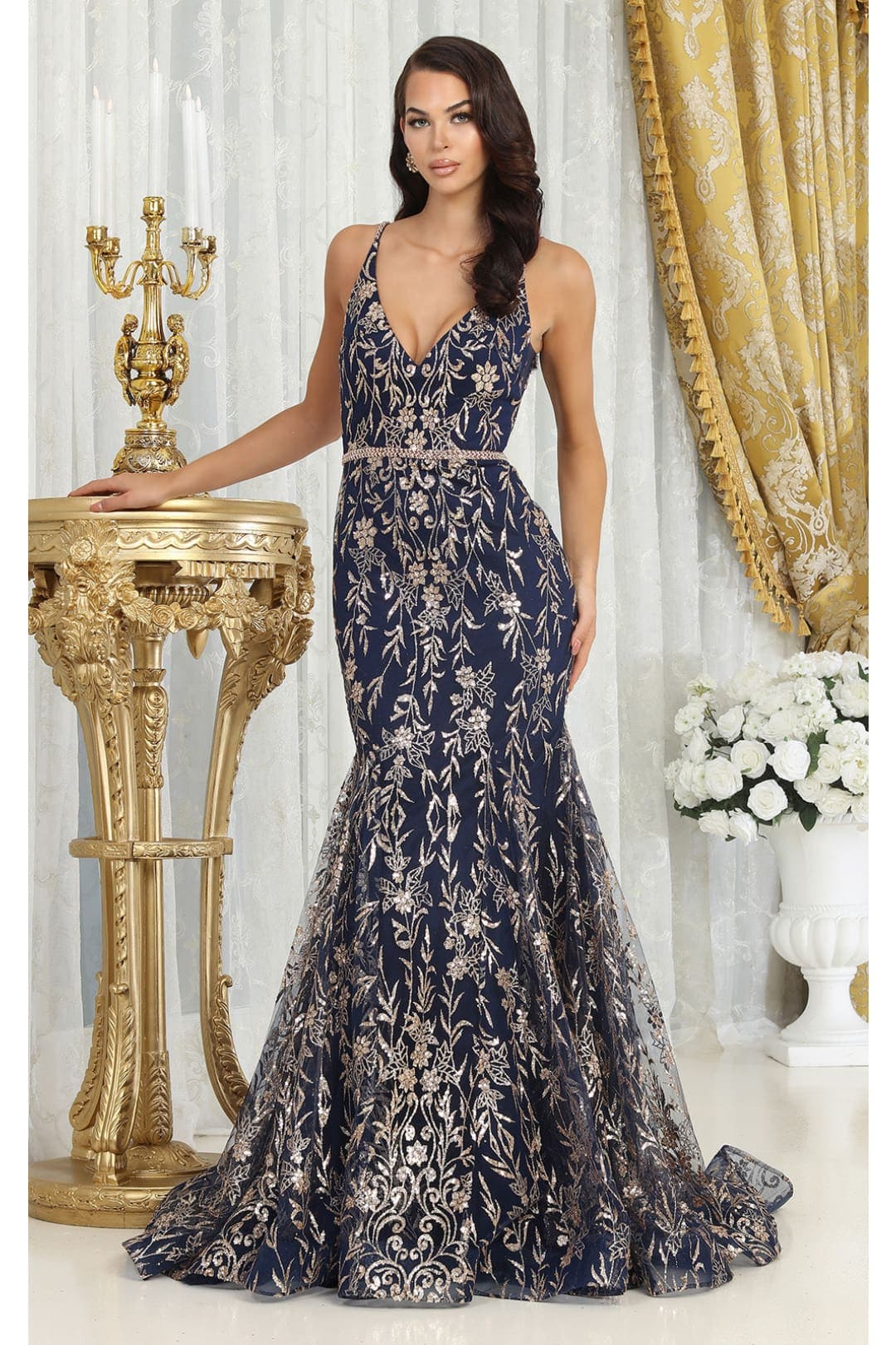 Royal Queen RQ8017 V-upper Back Sheer Sides Glitter Prom Gown