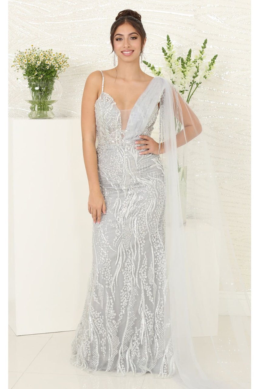 Royal Queen RQ8066 Plunging V-Neck Beaded Evening Sequin Dress