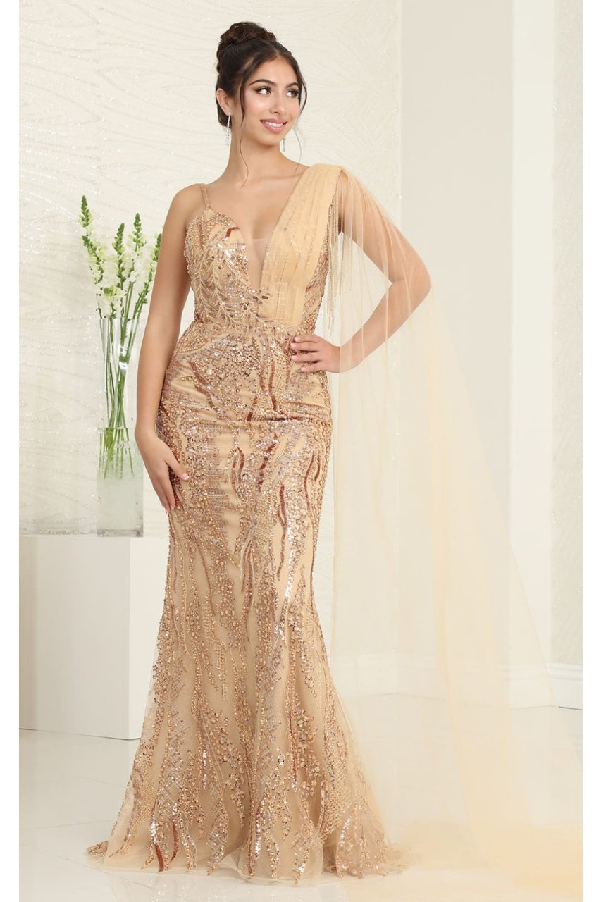 Royal Queen RQ8066 Plunging V-Neck Beaded Evening Sequin Dress