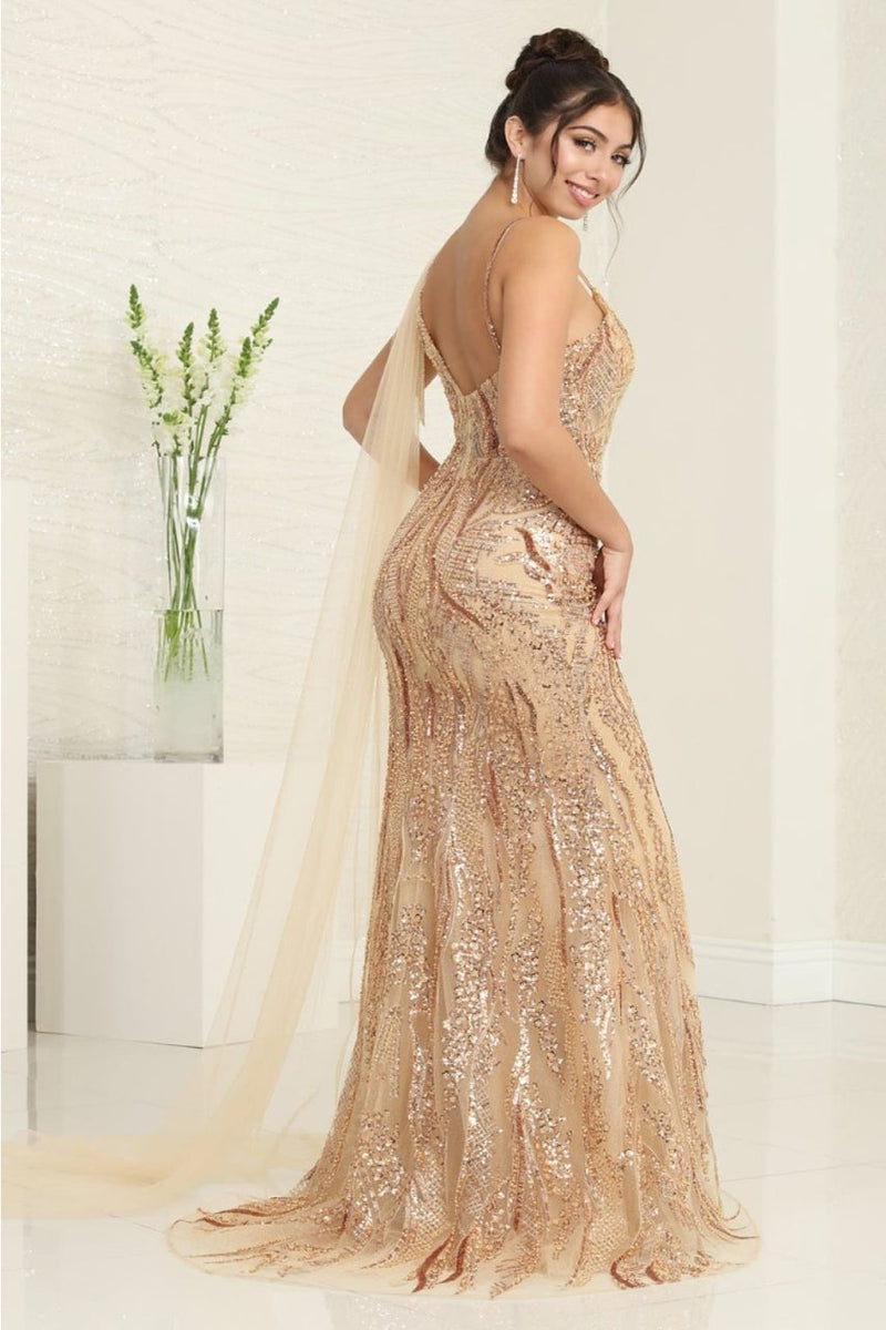 Royal Queen RQ8066 Plunging V-Neck Beaded Evening Sequin Dress