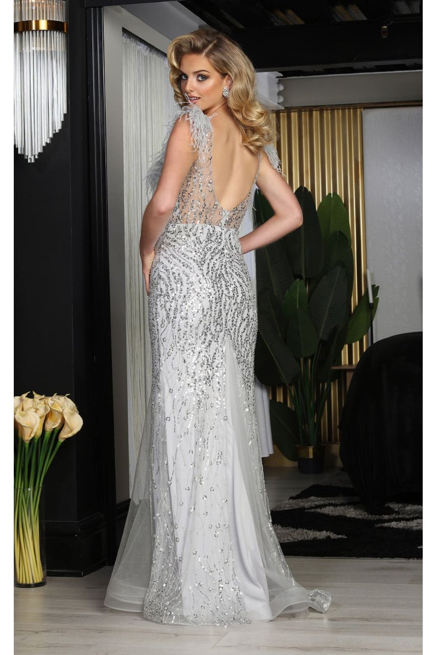 V-Neck Corset Bodice Feather Evening Long Dress