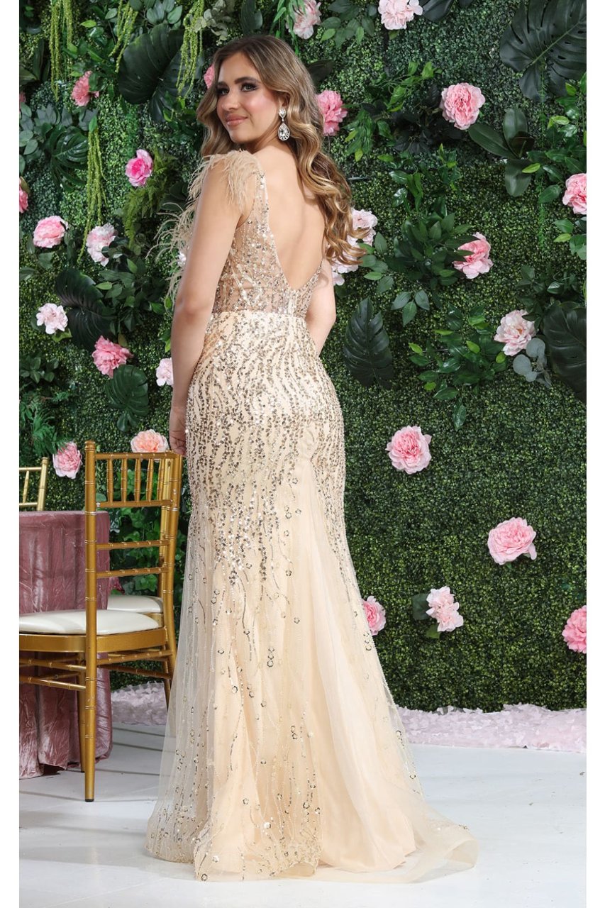V-Neck Corset Bodice Feather Evening Long Dress