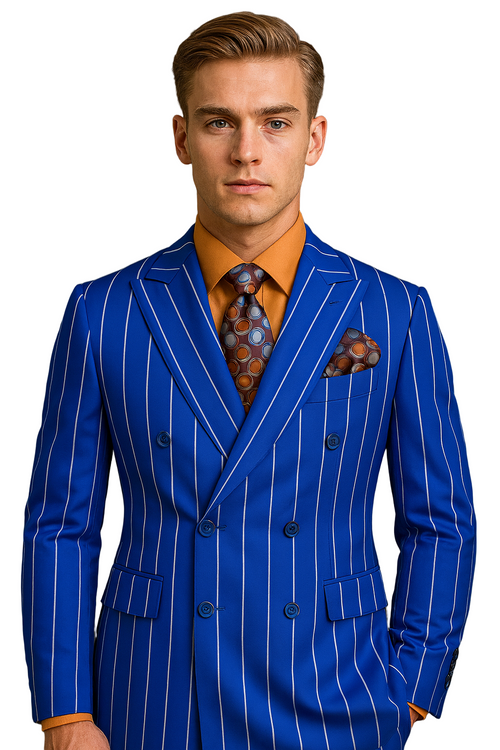 Mens Double Breasted Blazer Suit Jacket - Bold Pinstripe Sport Coat in Royal and White Pinstripe