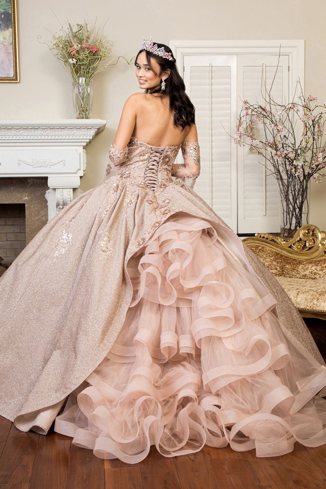 Ruffled Glitter Ball Gown Sweetheart Quinceanera Dress by Elizabeth K GL1912