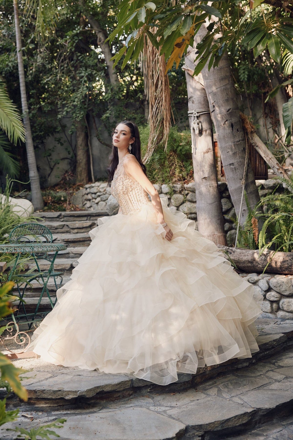 Juliet 1423 Beaded Illusion Sweetheart Tulle Quinceanera Ball Gown with Ruffled Skirt