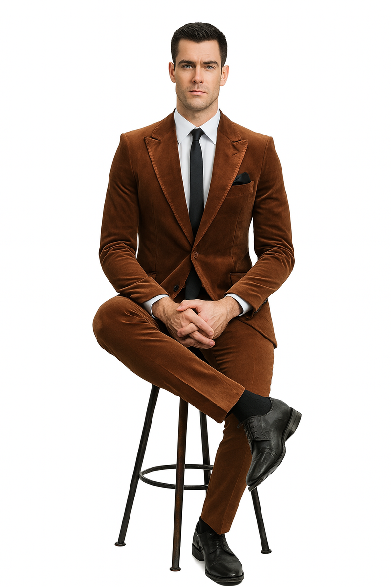 Men's rust copper velvet suit: slim-fit, two-piece. Features a single-breasted blazer and matching pants. Smooth texture, formal wear.
