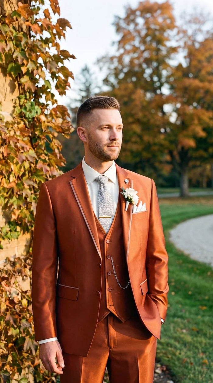 Mens Shiny Orange Rustic Vested Jacket + Pants Modern Fit