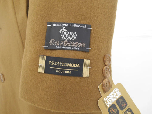 Alberto Nardoni men's camel overcoat in soft, textured cashmere. Features structured silhouette, notched collar, and front buttons. Includes three-button sleeve detail.
