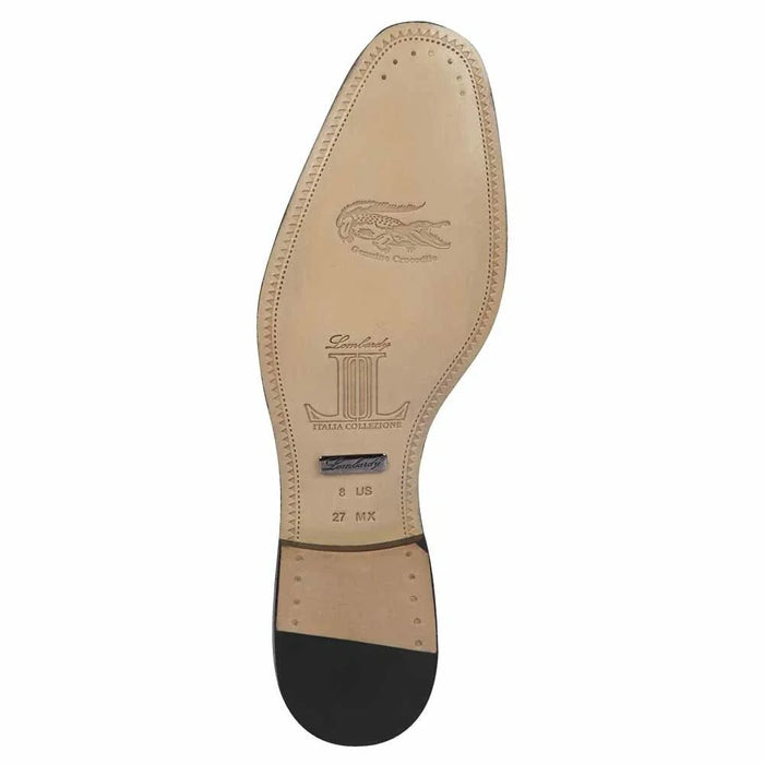 Navy crocodile and calfskin slip-on dress shoes. Smooth, high-gloss finish. Black leather sole with rounded toe and decorative stitching. Genuine leather.
