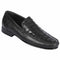 Men's black slip-on shoes with a low profile, rounded toe, and textured leather upper resembling crocodile skin. Features subtle stitching and a rigid black sole with a heel lift.
