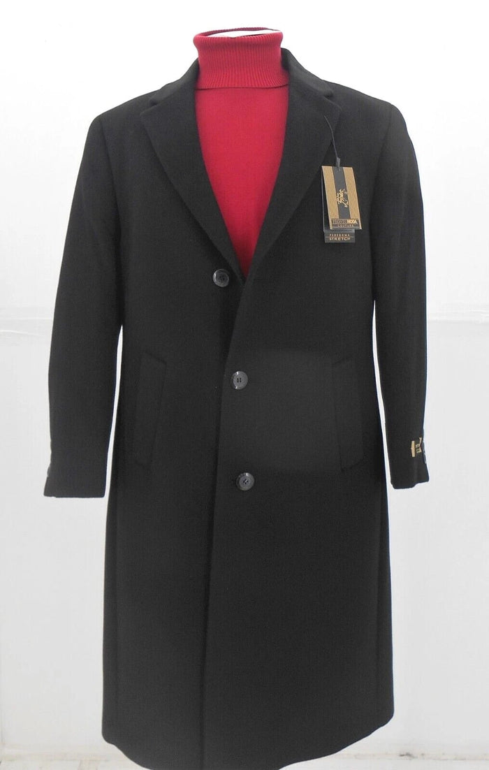 Men's black wool cashmere topcoat. Straight cut, structured shoulders, single-breasted with notch lapels and three buttons. Features two front pockets and buttoned cuffs. Smooth, soft fabric.
