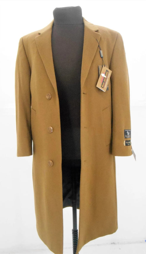 Alberto Nardoni men's camel overcoat. Tailored with a straight silhouette, notch lapel, and long sleeves. Features a smooth, solid fabric, four-button closure, and two side pockets. Shown with mock turtleneck.
