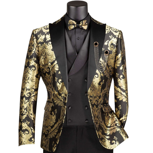 VINCI Men's Gold Metallic Geometric Jacquard Modern Fit Tuxedo Jacket - NEW