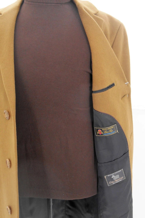 Men's camel tailored overcoat: single-breasted, rounded lapels, button closure. Textured wool blend. Black lined interior with two pockets. Classic, stylish design.

