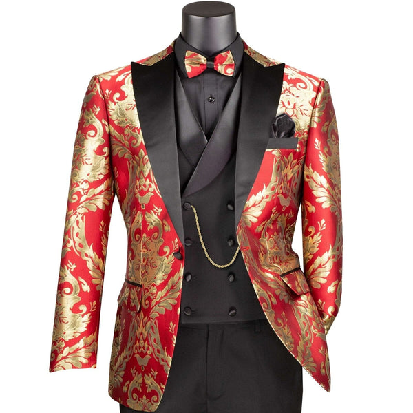 VINCI Men's Red & Gold Modern Fit 3pc Tuxedo Suit w/ Matching Bow-Tie NEW