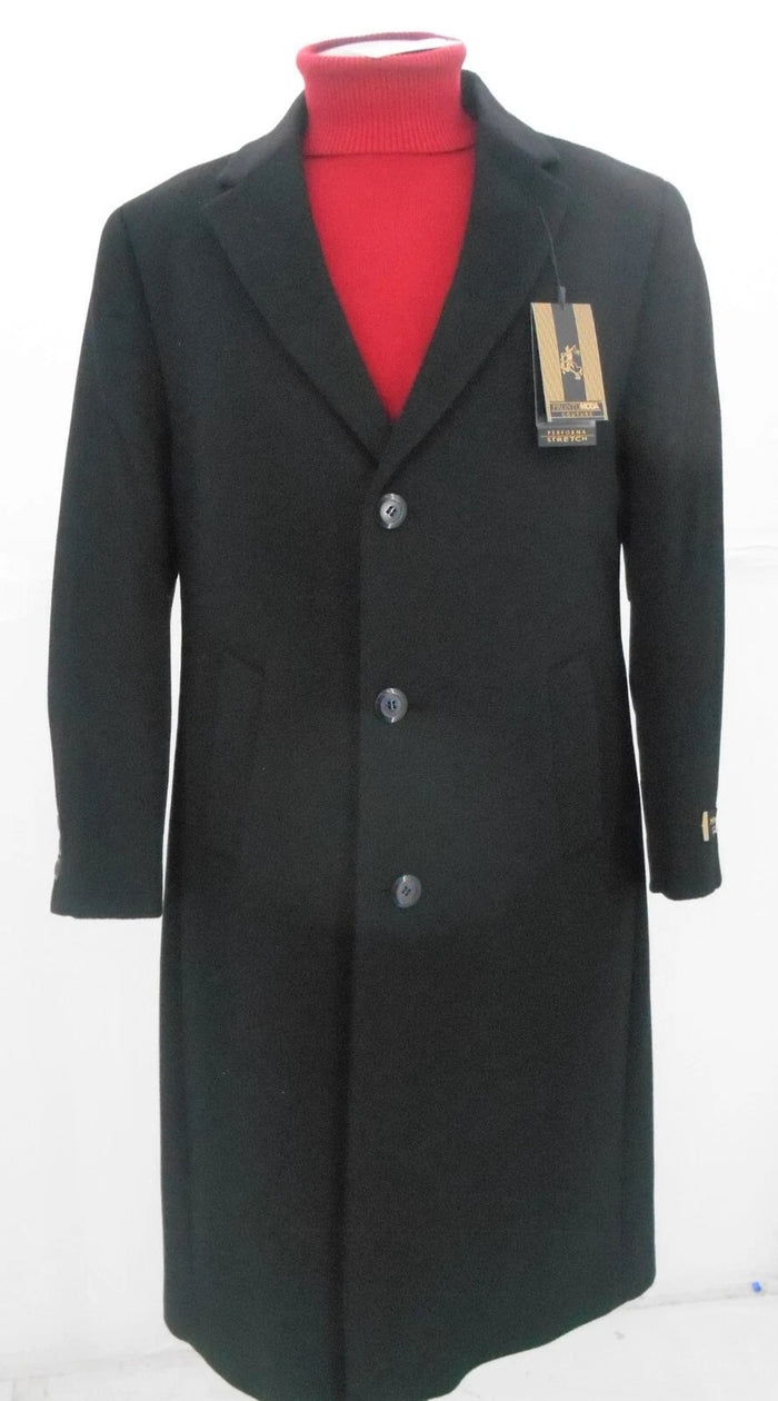 Classic black wool-cashmere topcoat. Long design with notched collar, button front, and side pockets. Smooth texture, structured silhouette. A timeless, elegant staple.
