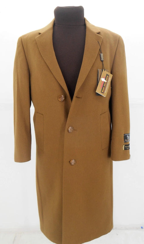 Men's camel overcoat with a double-breasted design, three buttons, and two pockets. Features a smooth, wool-like texture. It has a straight cut and slightly tapered sleeves, falling below the hips. Includes a darker brown turtleneck.
