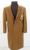 Men's camel overcoat with a double-breasted design, three buttons, and two pockets. Features a smooth, wool-like texture. It has a straight cut and slightly tapered sleeves, falling below the hips. Includes a darker brown turtleneck.

