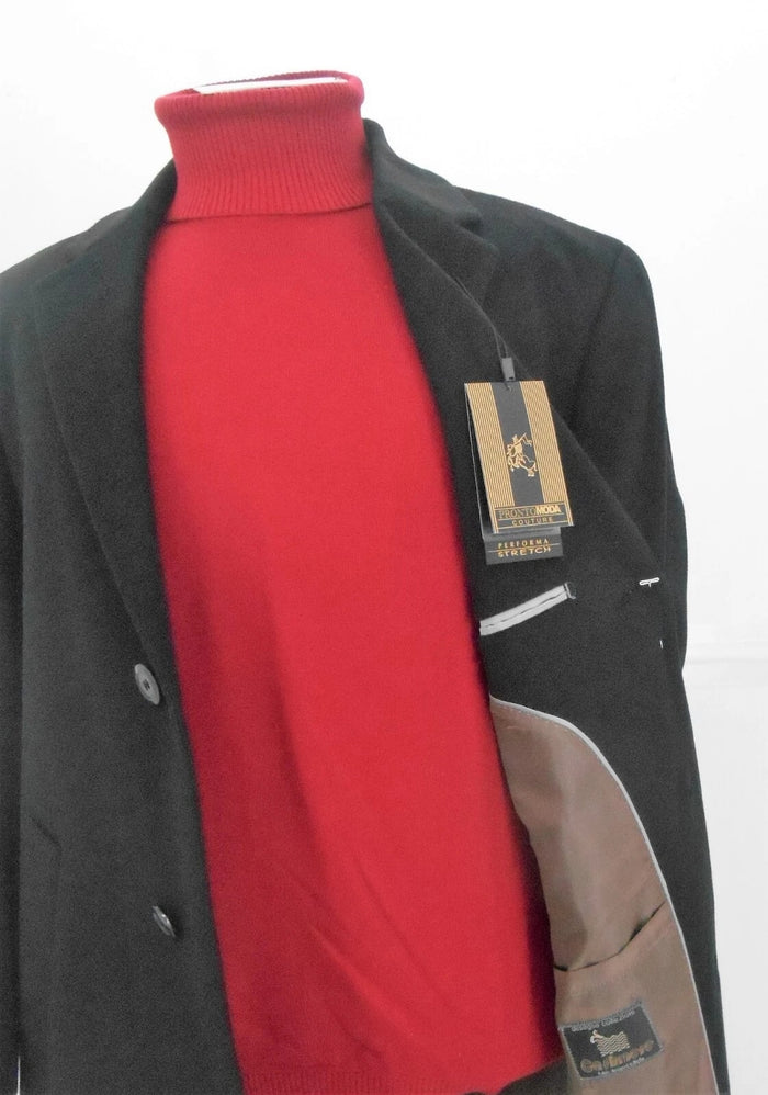 Black wool cashmere men's topcoat. Structured silhouette, notched collar, two buttons. Brown lined interior. Side pockets. Classic design. Tailored sleeves.
