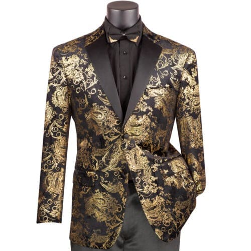 VINCI Men’s Gold and Black Paisley Tuxedo Dinner Jacket – Formal Prom, Wedding and Party Blazer