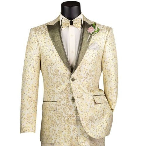 Men's Champagne Beige Jacquard Slim Fit Tuxedo w/ Matching Bow-Tie NEW