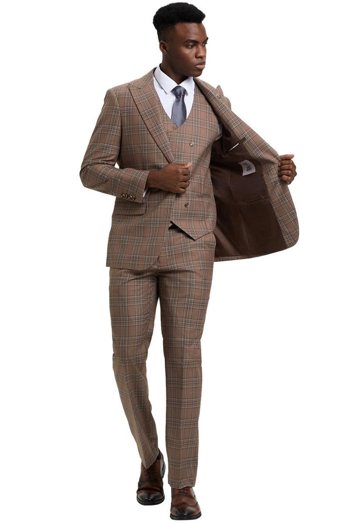 Light brown plaid Stacy Adams men's suit. Features a one-button peak lapel jacket with a double-breasted front and matching slim-fit trousers. Subtle light and dark brown checks.
