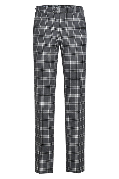 Men's slim fit suit with peak lapel, grey windowpane plaid. Includes tailored trousers. Woven fabric offers a textured finish with grey and white checkered pattern.

