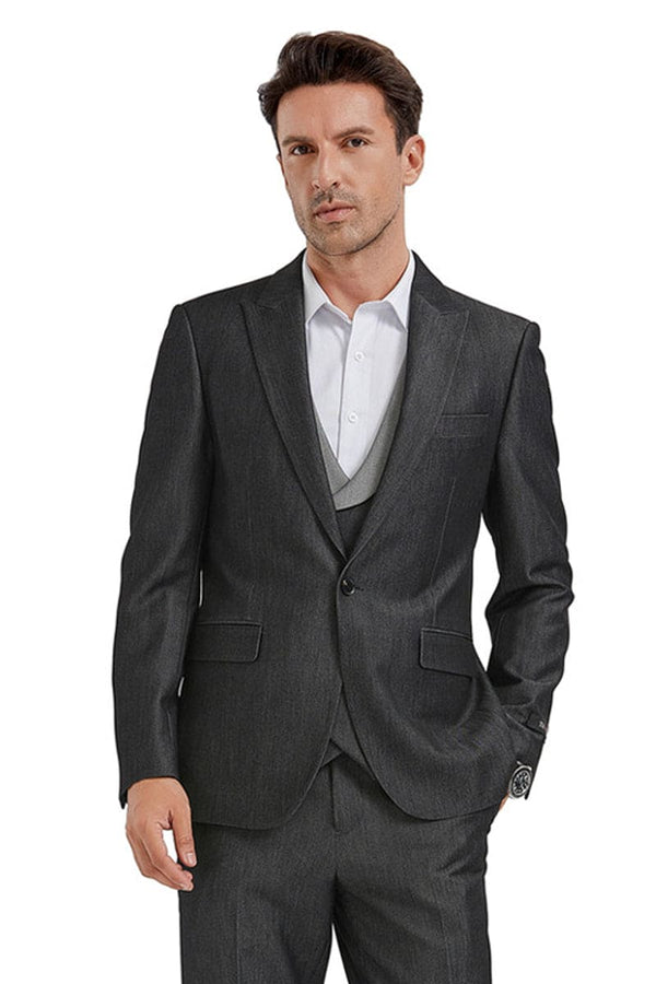 "Black Sharkskin Men's Double Breasted Vest Suit - One Button Peak Lapel"