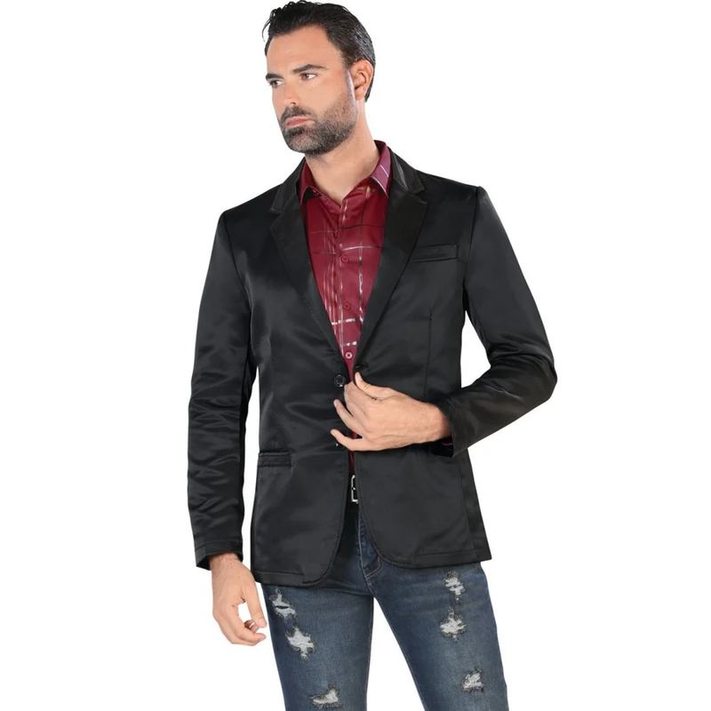 Black Denim Jacket - Western Cowboy Blazer Slim Fitted in Sheen Fabric