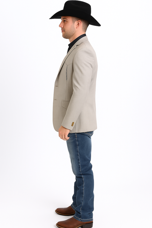 Beige men's western blazer. Tailored fit, double-button closure, notch lapels, and single back vent. Two front pockets. Smooth, woven fabric.
