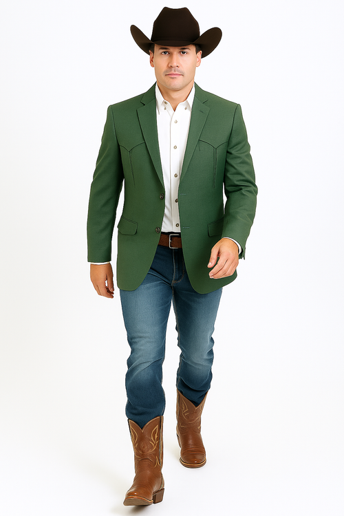 Men's western green blazer with tailored fit, structured shoulders, and single-breasted front. Features a lightweight green fabric, two front pockets, and western-style pointed yokes.
