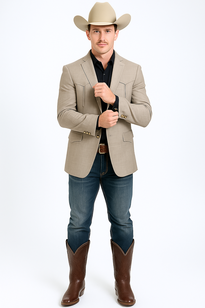 Men's taupe western blazer. Tailored shape, structured silhouette, lightweight fabric. Two front pockets with contrasting stitching, notched lapel, single-button closure, long sleeves with buttoned cuffs.
