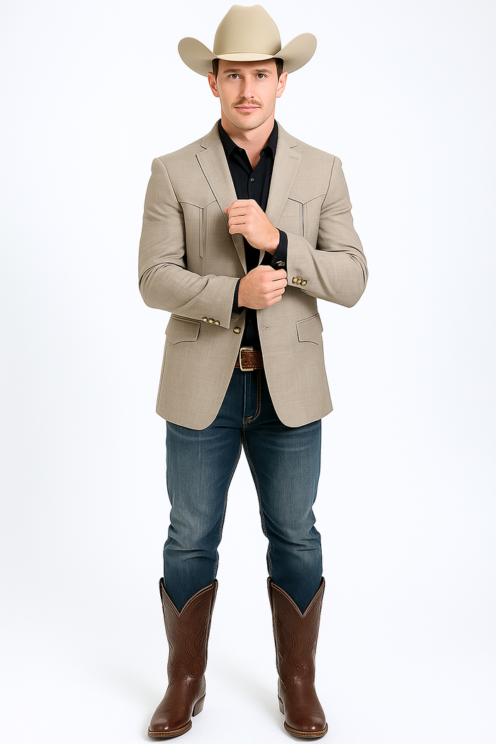 Men's taupe western blazer. Tailored shape, structured silhouette, lightweight fabric. Two front pockets with contrasting stitching, notched lapel, single-button closure, long sleeves with buttoned cuffs.
