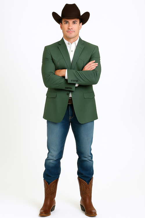 Men's green double-button western blazer. Structured fit, smooth fabric, tailored silhouette. Features front pockets and cuff buttons. Styled with collared shirt, denim, and boots.

