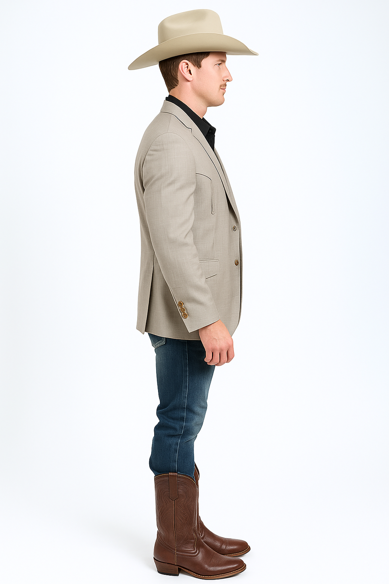 Taupe men's Western blazer with textured fabric, tailored fit, and shiny button details. Features two front pockets and contrasting stitching on lapels.
