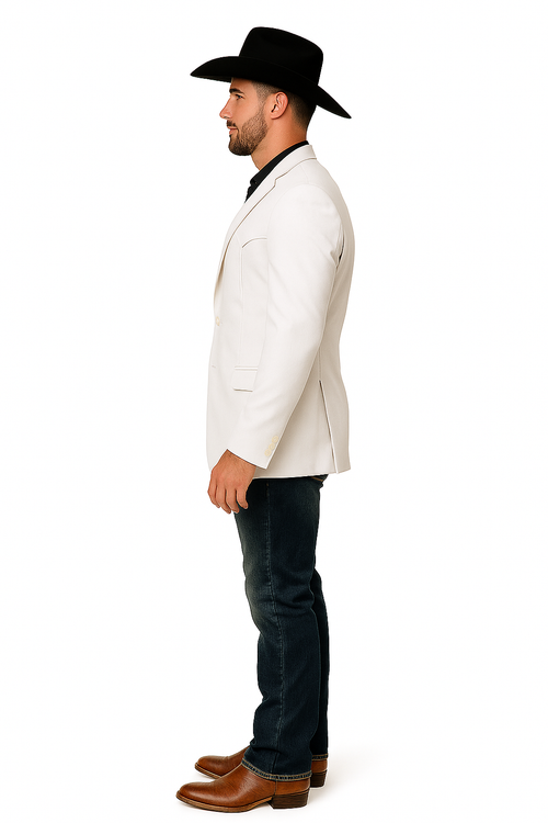 Men's white western blazer with double-button closure and tailored fit. Features structured silhouette, single vented back, notched lapel, and subtle seam detailing. Styled with a contrasting black shirt.
