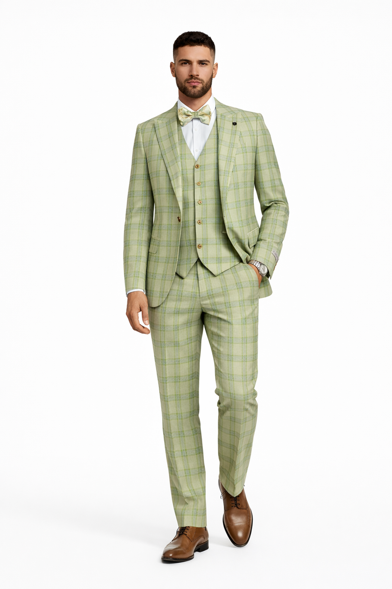 Mens Stacy Adams Suit - Stacy Adams Men's Plaid Suit with Paisley Vest & Bow Tie - Sage Green