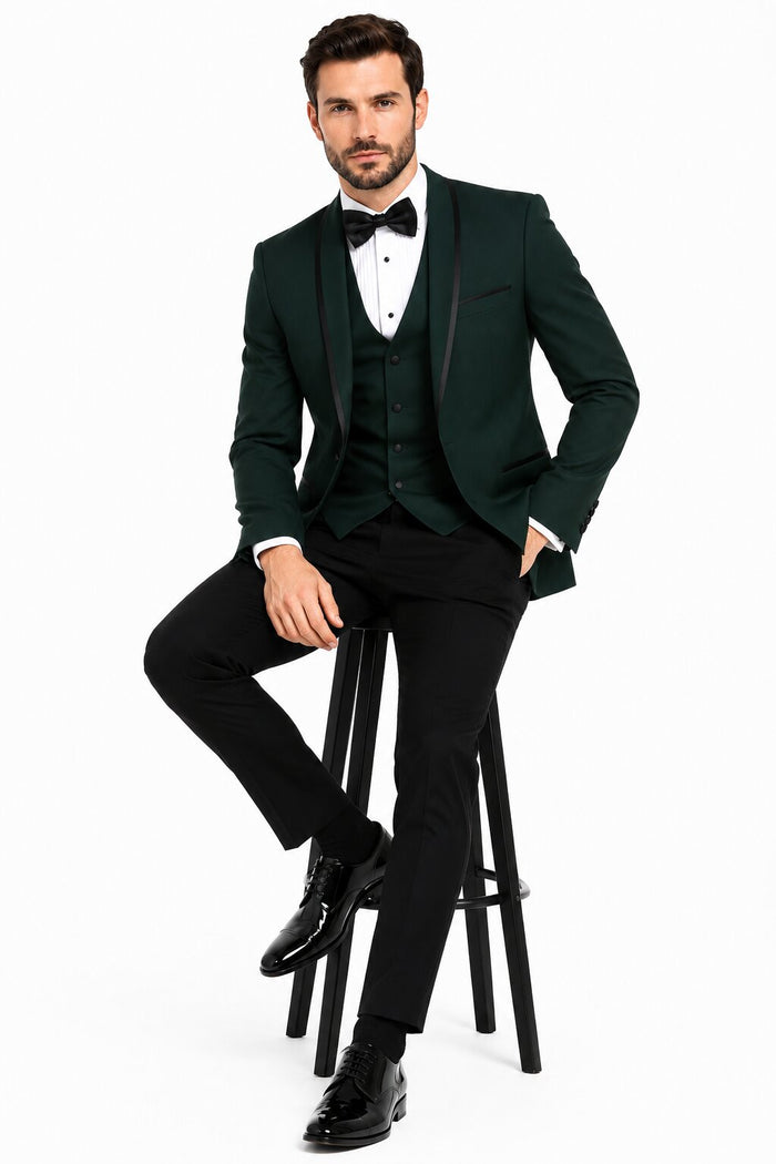 Dark Green Tuxedo - Men's Designer Vested Satin Trim Shawl Wedding Hunter Green Prom Tuxedo