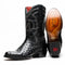Marco Di Milano Savannah black ostrich quill cowboy boots. Tall shaft, rounded toe. Black ostrich leather with white stitching & decorative shaft pattern. Red interior. Polished soles, logo, rubberized tread.
