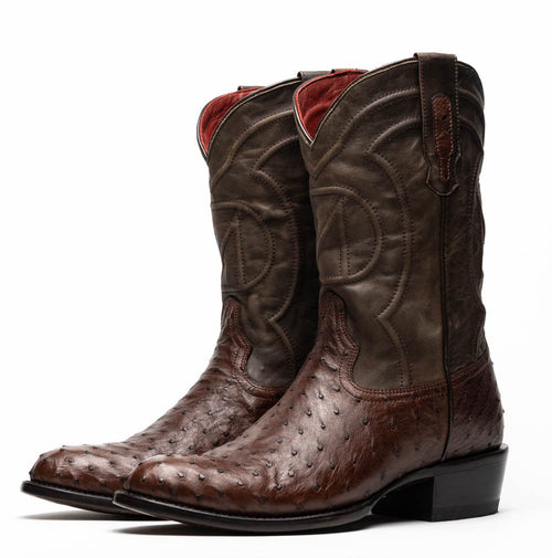 Marco Di Milano Kango Tabae cowboy boots: dark brown ostrich quill and leather. Round toe, tall shaft with contrasting stitching. Red lining, elevated heel, and pull tab. Textured surface.
