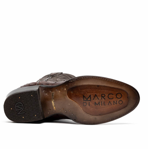 Marco Di Milano Kango Tabae cowboy boots. Brown, textured leather with ostrich quill detailing. Round toe design. Smooth & patterned sole, embossed logo.
