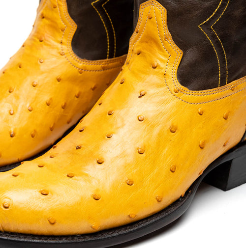 Marco Di Milano Savannah Buttercup cowboy boots. Yellow ostrich leather upper with textured pattern. Round toe, dark brown accents, and contrasting yellow stitching. Classic western design.
