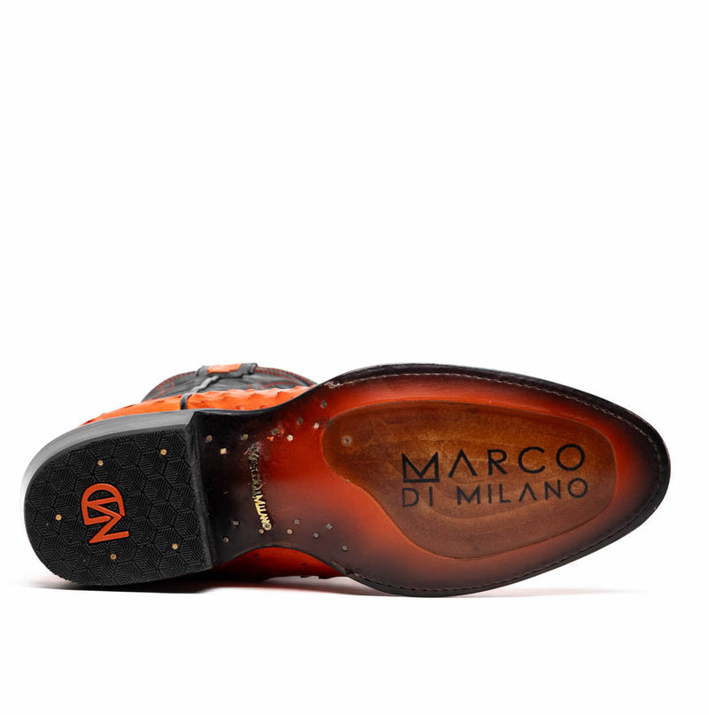Marco Di Milano orange cowboy boots. Round toe, crafted from textured orange ostrich leather. Smooth sole with logo and contrasting outsole pattern.
