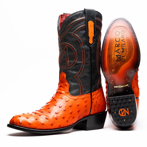 Orange ostrich leather cowboy boots with round toe, black details, and stitching. Smooth sole with branding. Features a pull tab.
