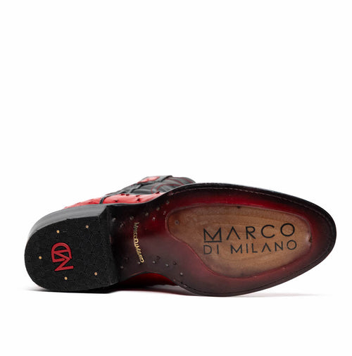 Marco Di Milano Savannah cowboy boots. Red ostrich quill leather upper, round toe, and classic high heel. Black sole with hexagonal tread and embossed branding. Distinctive black and red color scheme.
