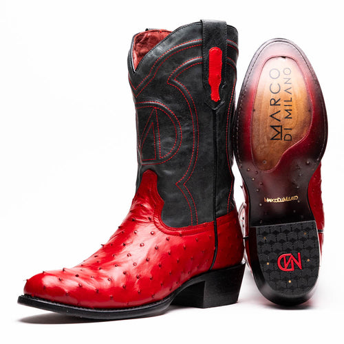 Marco Di Milano Savannah cowboy boots. Red ostrich quill exterior, round toe, black leather details, decorative stitching. Smooth outsole with patterned tread for traction.
