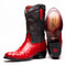 Marco Di Milano Savannah cowboy boots. Red ostrich quill exterior, round toe, black leather details, decorative stitching. Smooth outsole with patterned tread for traction.
