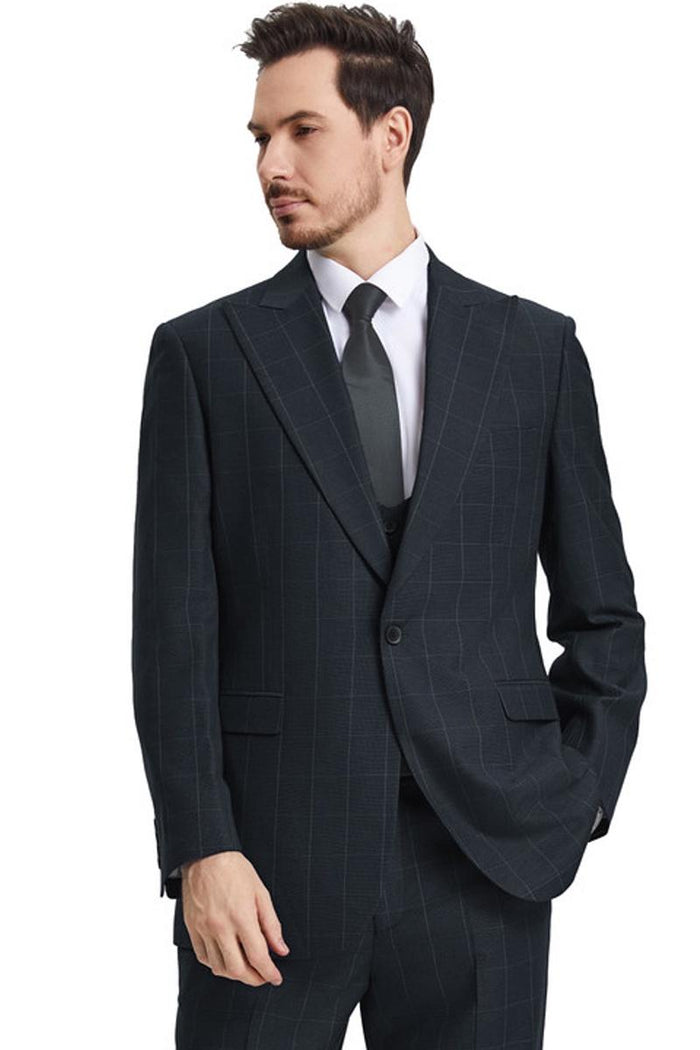 Stacy Adams men's black windowpane suit with peak lapel. Single-breasted, tailored fit, featuring a matching vest. Subtle plaid pattern, two front pockets, and a single-button closure. Smooth, structured fabric.
